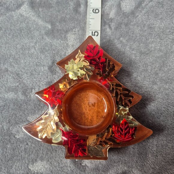 Handmade Resin Autumn Tree-Shaped Tea Light Holder Gold Red Leaf Accents - Picture 4 of 5